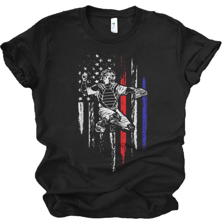 Patriotic Baseball Catcher American Flag Sports Tee Unisex Jersey T-Shirt