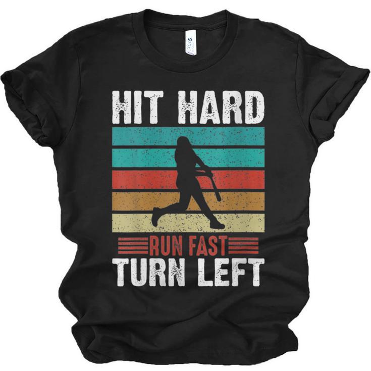 Women's Retro Hit Hard Run Fast Turn Left Baseball Lover Unisex Jersey T-Shirt