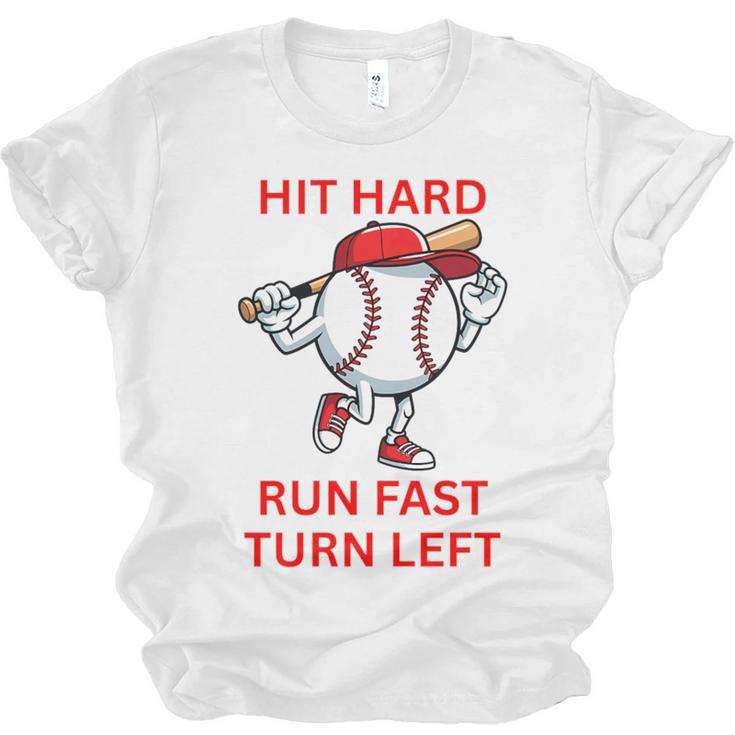 Hit Hard Run Fast Turn Left Baseball Player Premium Tri-Blend Unisex Jersey T-Shirt