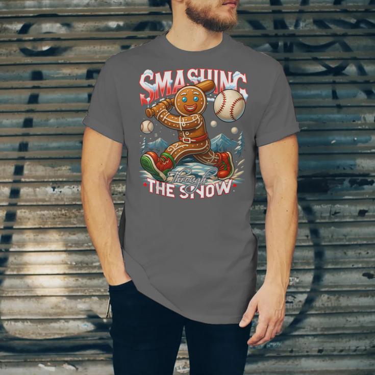 Baseball Player Christmas Gingerbread Smashing Through Snow Unisex Jersey T-Shirt