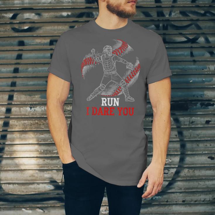 Run I Dare You Baseball Catcher Graphic Players Fans Unisex Jersey T-Shirt Run I Dare You Baseball Catcher Graphic Players Fans Unisex Jersey T-Shirt