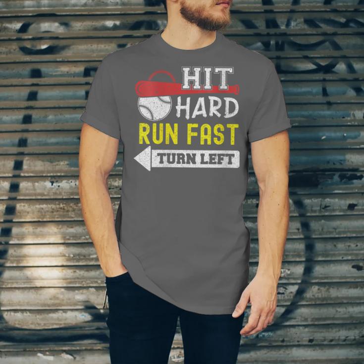 Women's Hit Hard Run Fast Turn Left Baseball Quote Fan Coach Unisex Jersey T-Shirt