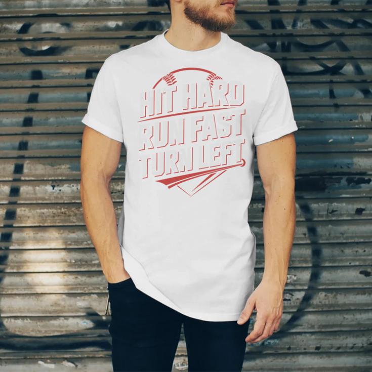 Hit Hard Run Fast Turn Left Baseball Fan Red Graphic Unisex Jersey T-Shirt Hit Hard Run Fast Turn Left Baseball Fan Red Graphic Unisex Jersey T-Shirt