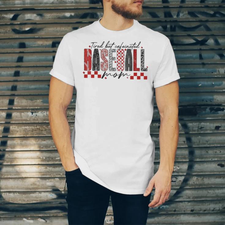Retro Checkered Tired But Caffeinated Baseball Mom Leopard Unisex Jersey T-Shirt