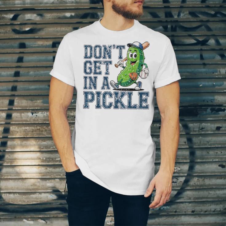 Youth Baseball Catcher Humor Don’t Get In A Pickle Unisex Jersey T-Shirt