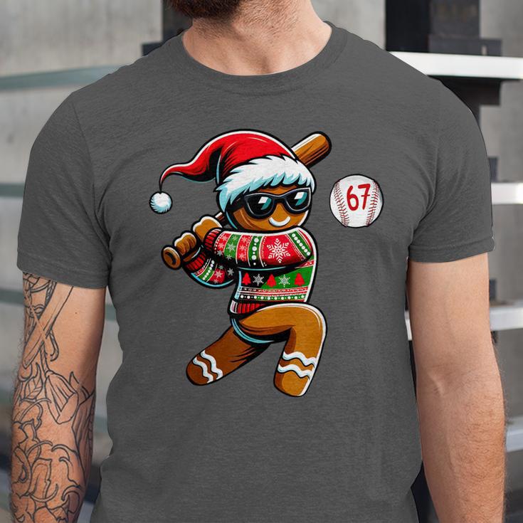 67 Gingerbread Man Playing Baseball Christmas 6 7 Meme Unisex Jersey T-Shirt