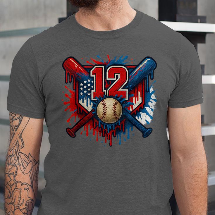 Baseball 12 Year Old Splash Drip 12th Birthday Boy Number 12 Unisex Jersey T-Shirt