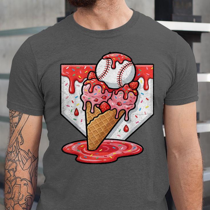 Baseball Ice Cream Drip Baseball Strawberry For Youth Red Unisex Jersey T-Shirt