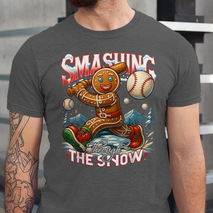 Baseball Player Christmas Gingerbread Smashing Through Snow Unisex Jersey T-Shirt