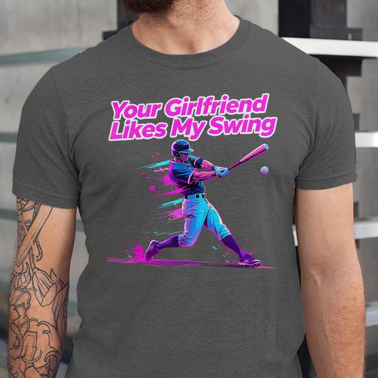 Your Girlfriend Likes My Swing Baseball Quote Boys Men Unisex Jersey T-Shirt Your Girlfriend Likes My Swing Baseball Quote Boys Men Unisex Jersey T-Shirt
