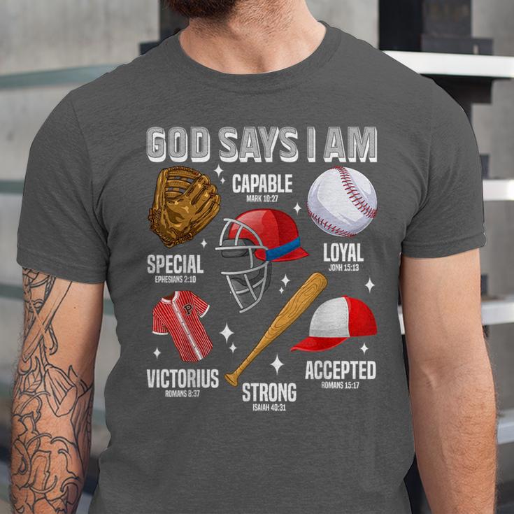 God Says I Am Baseball Player Catcher Pitcher Boys Men Unisex Jersey T-Shirt God Says I Am Baseball Player Catcher Pitcher Boys Men Unisex Jersey T-Shirt