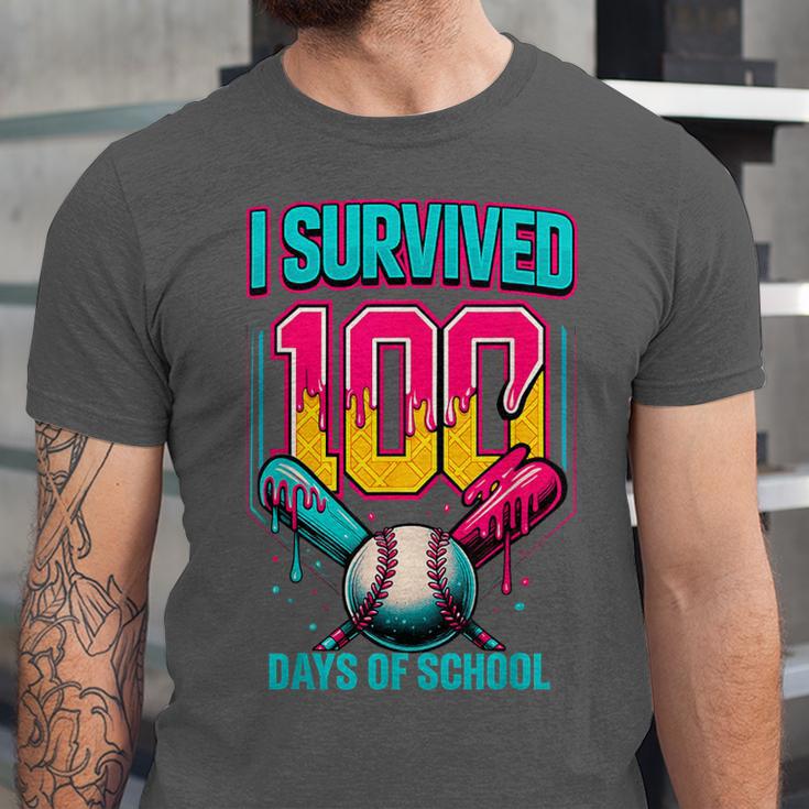 HUGvyn I Survived 100 Days Baseball Teacher Ice Cream Drip Unisex Jersey T-Shirt