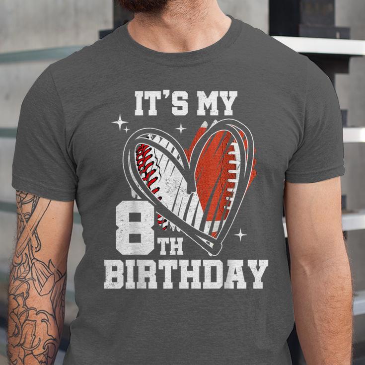 It's My 8th Birthday Baseball Football Heart 8 Year Old Unisex Jersey T-Shirt It's My 8th Birthday Baseball Football Heart 8 Year Old Unisex Jersey T-Shirt