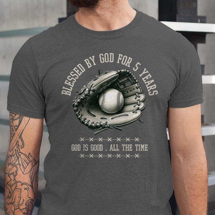 Kids Blessed By God For 5 Years Old Baseball 5th Birthday Unisex Jersey T-Shirt