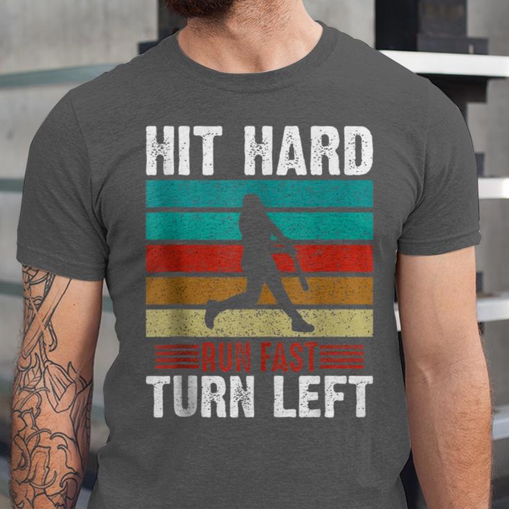 Retro Hit Hard Run Fast Turn Left Baseball Lover Unisex Jersey T-Shirt