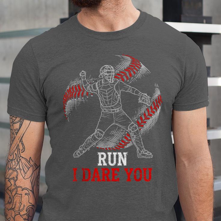 Run I Dare You Baseball Catcher Graphic Players Fans Unisex Jersey T-Shirt Run I Dare You Baseball Catcher Graphic Players Fans Unisex Jersey T-Shirt