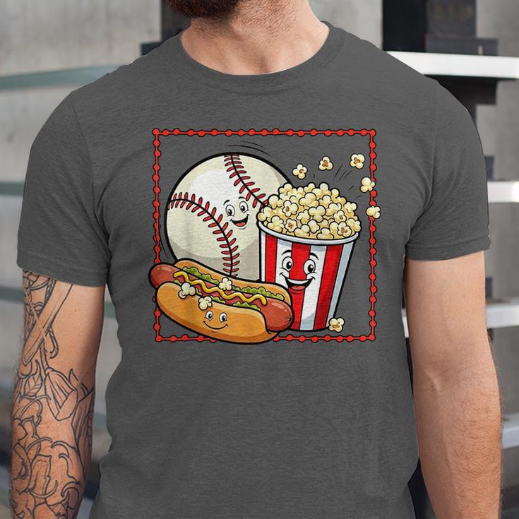 Smiling Baseball Popcorn And Hot-Dog Cartoon Apparel Unisex Jersey T-Shirt Smiling Baseball Popcorn And Hot-Dog Cartoon Apparel Unisex Jersey T-Shirt