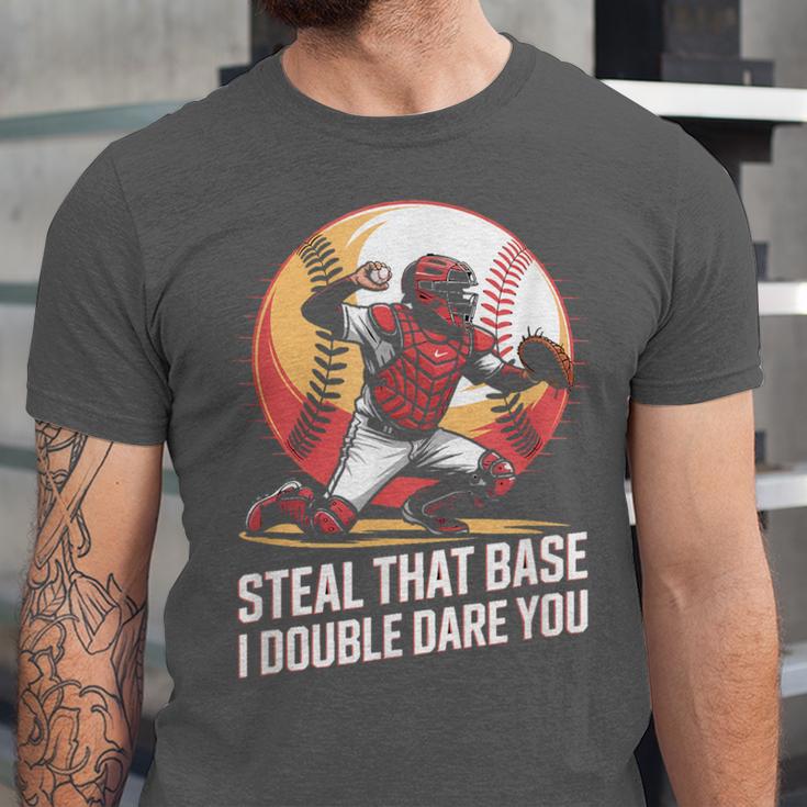Steal That Base I Double Dare You Baseball Catcher Unisex Jersey T-Shirt Steal That Base I Double Dare You Baseball Catcher Unisex Jersey T-Shirt
