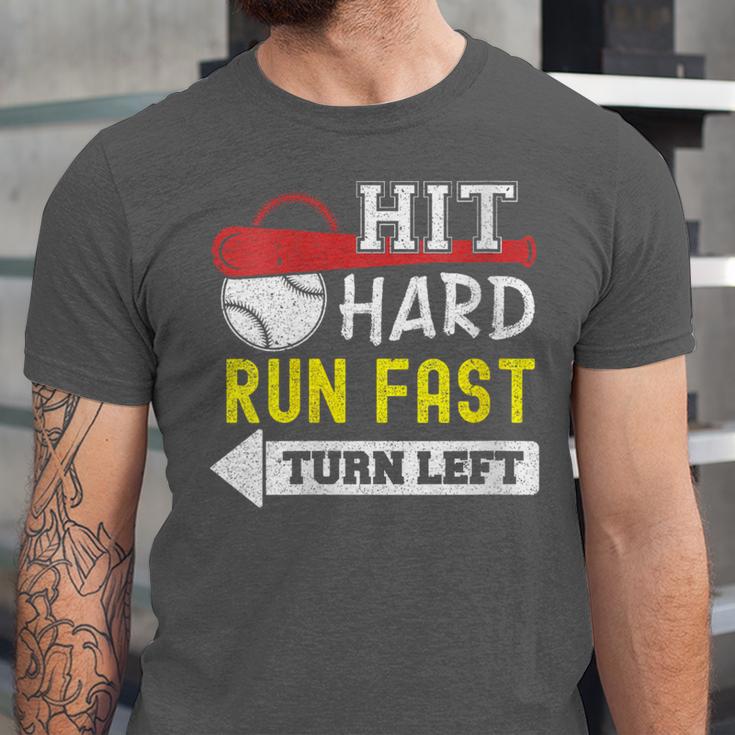 Women's Hit Hard Run Fast Turn Left Baseball Quote Fan Coach Unisex Jersey T-Shirt