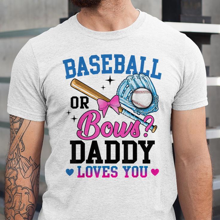 Gender Reveal Baseball Or Bows Daddy Loves You Unisex Jersey T-Shirt Gender Reveal Baseball Or Bows Daddy Loves You Unisex Jersey T-Shirt