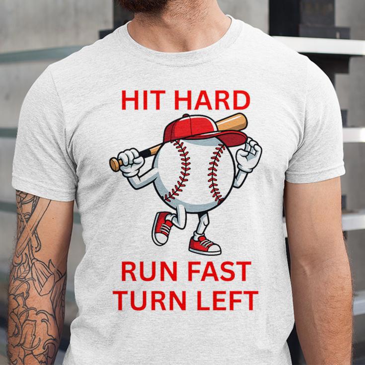 Hit Hard Run Fast Turn Left Baseball Player Premium Tri-Blend Unisex Jersey T-Shirt Hit Hard Run Fast Turn Left Baseball Player Premium Tri-Blend Unisex Jersey T-Shirt