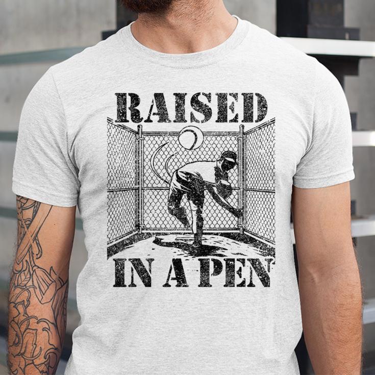 Raised In a Pen Baseball Pitcher Saying Bullpen Unisex Jersey T-Shirt