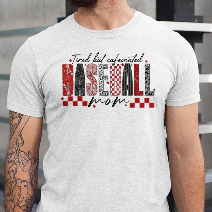 Retro Checkered Tired But Caffeinated Baseball Mom Leopard Unisex Jersey T-Shirt