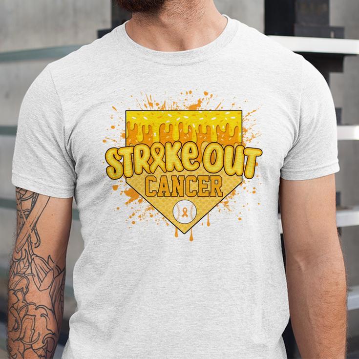 Strike Out Childhood Cancer Boys Baseball Drip Gold Ribbon Unisex Jersey T-Shirt Strike Out Childhood Cancer Boys Baseball Drip Gold Ribbon Unisex Jersey T-Shirt