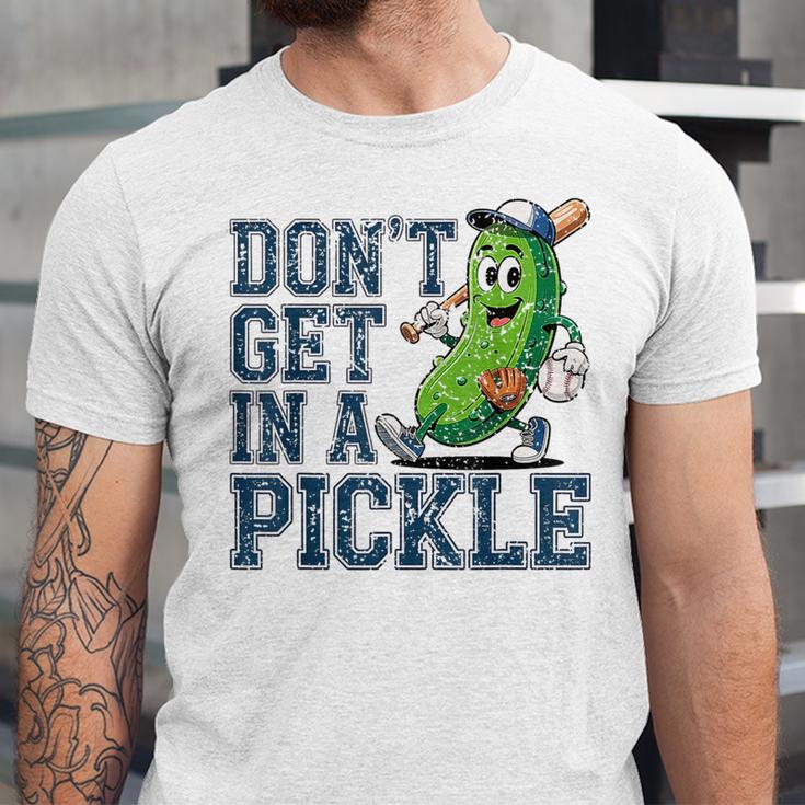 Youth Baseball Catcher Humor Don’t Get In A Pickle Unisex Jersey T-Shirt