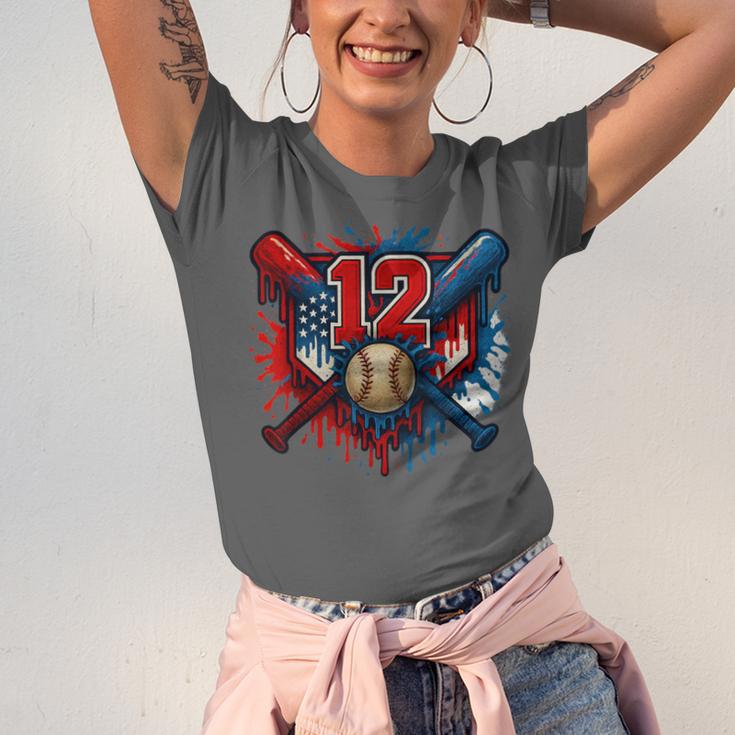 Baseball 12 Year Old Splash Drip 12th Birthday Boy Number 12 Unisex Jersey T-Shirt