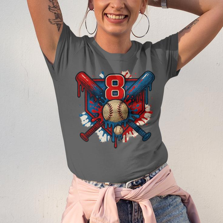 Baseball 8 Year Old Splash Drip 8th Birthday Boy Number 8 Unisex Jersey T-Shirt Baseball 8 Year Old Splash Drip 8th Birthday Boy Number 8 Unisex Jersey T-Shirt
