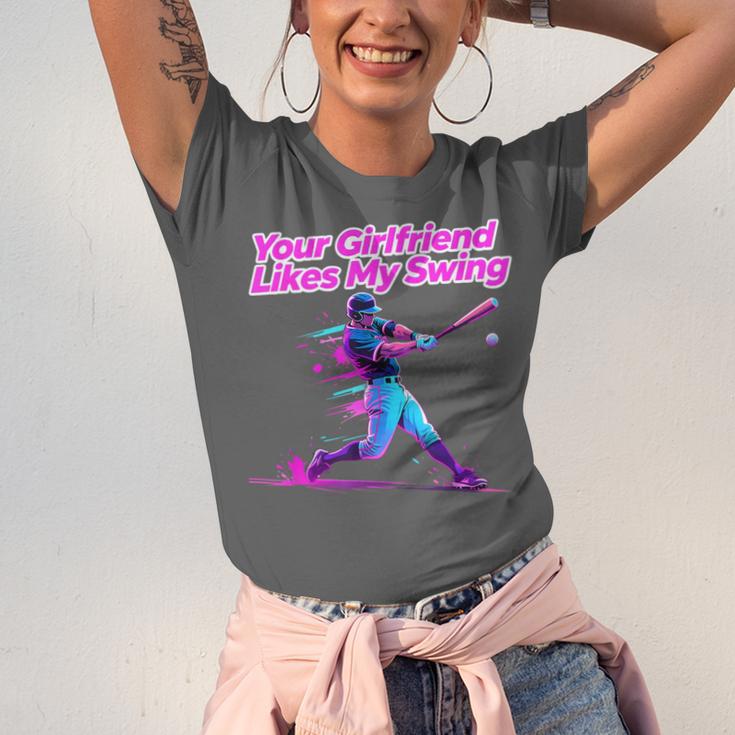 Your Girlfriend Likes My Swing Baseball Quote Boys Men Unisex Jersey T-Shirt Your Girlfriend Likes My Swing Baseball Quote Boys Men Unisex Jersey T-Shirt