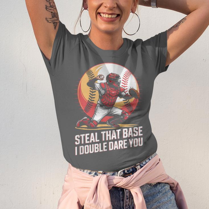 Steal That Base I Double Dare You Baseball Catcher Unisex Jersey T-Shirt Steal That Base I Double Dare You Baseball Catcher Unisex Jersey T-Shirt