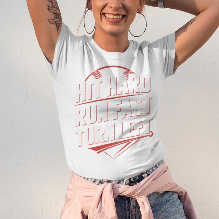 Hit Hard Run Fast Turn Left Baseball Fan Red Graphic Unisex Jersey T-Shirt Hit Hard Run Fast Turn Left Baseball Fan Red Graphic Unisex Jersey T-Shirt