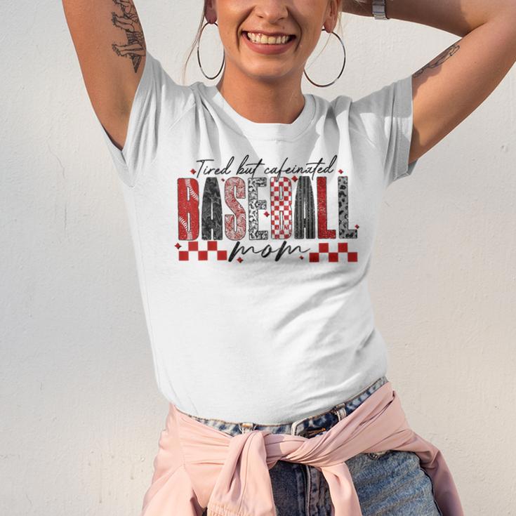 Retro Checkered Tired But Caffeinated Baseball Mom Leopard Unisex Jersey T-Shirt