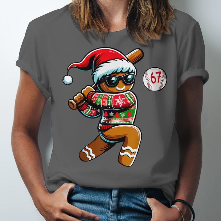67 Gingerbread Man Playing Baseball Christmas 6 7 Meme Unisex Jersey T-Shirt