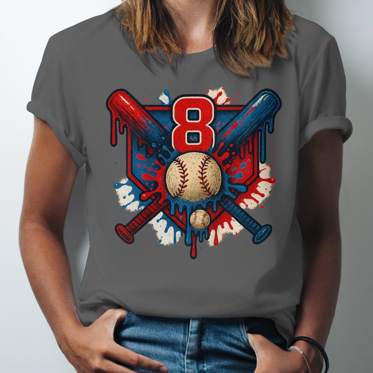 Baseball 8 Year Old Splash Drip 8th Birthday Boy Number 8 Unisex Jersey T-Shirt Baseball 8 Year Old Splash Drip 8th Birthday Boy Number 8 Unisex Jersey T-Shirt