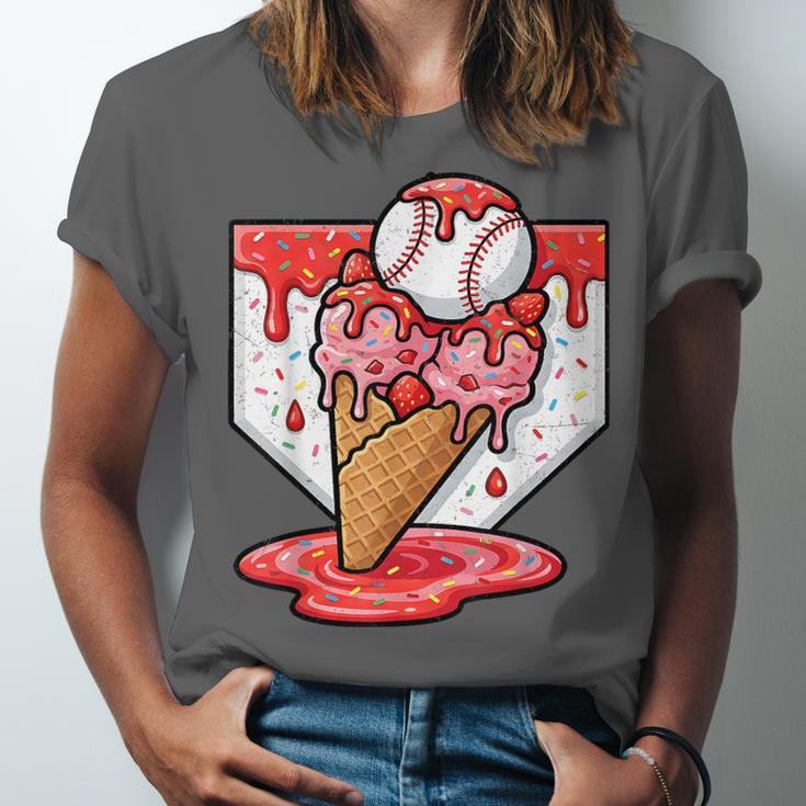 Baseball Ice Cream Drip Baseball Strawberry For Youth Red Unisex Jersey T-Shirt