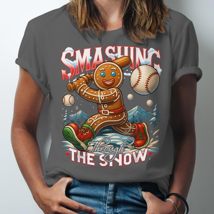 Baseball Player Christmas Gingerbread Smashing Through Snow Unisex Jersey T-Shirt