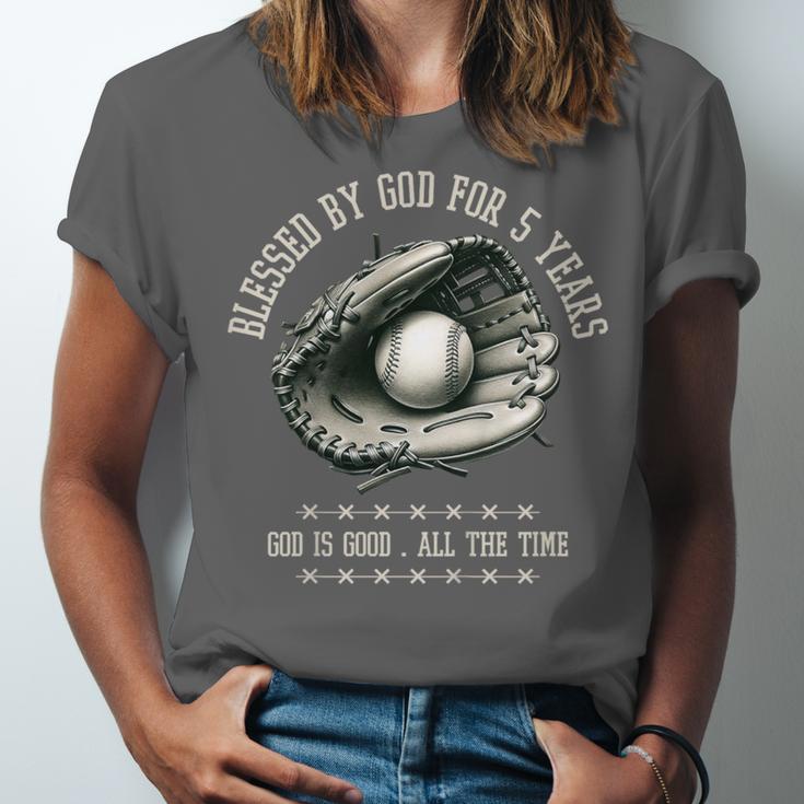 Kids Blessed By God For 5 Years Old Baseball 5th Birthday Unisex Jersey T-Shirt