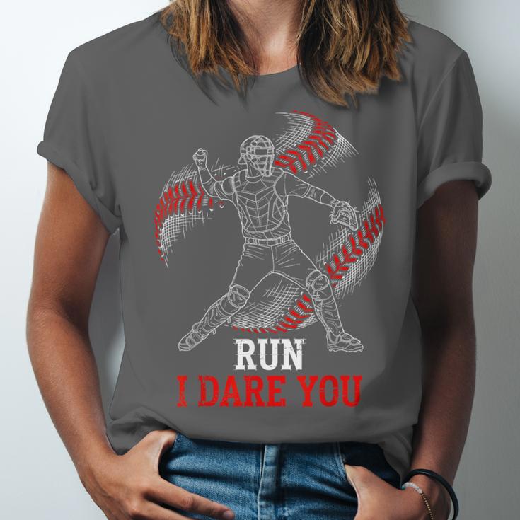Run I Dare You Baseball Catcher Graphic Players Fans Unisex Jersey T-Shirt Run I Dare You Baseball Catcher Graphic Players Fans Unisex Jersey T-Shirt