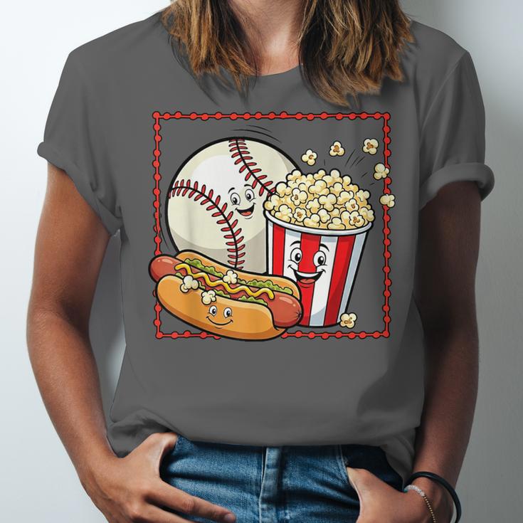 Smiling Baseball Popcorn And Hot-Dog Cartoon Apparel Unisex Jersey T-Shirt Smiling Baseball Popcorn And Hot-Dog Cartoon Apparel Unisex Jersey T-Shirt