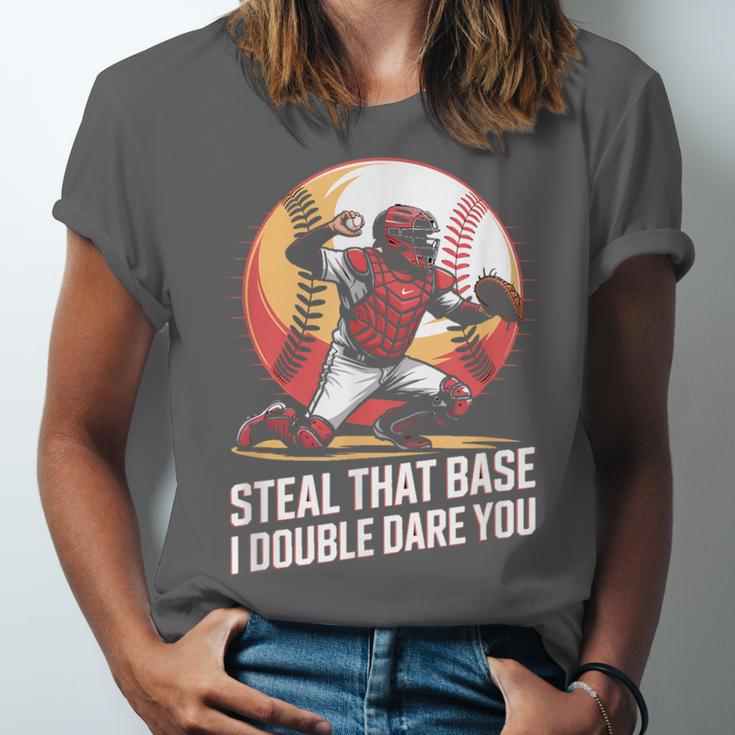 Steal That Base I Double Dare You Baseball Catcher Unisex Jersey T-Shirt Steal That Base I Double Dare You Baseball Catcher Unisex Jersey T-Shirt