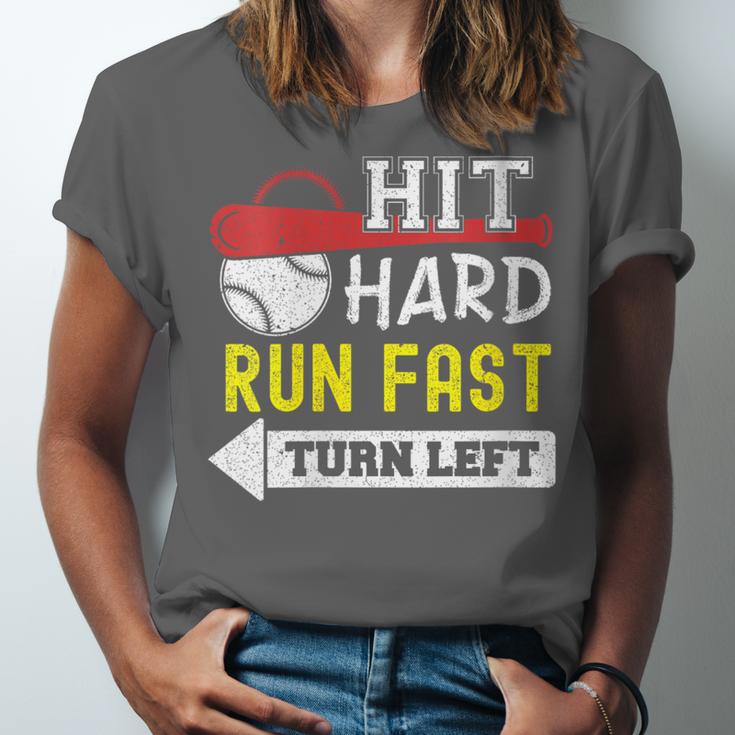 Women's Hit Hard Run Fast Turn Left Baseball Quote Fan Coach Unisex Jersey T-Shirt