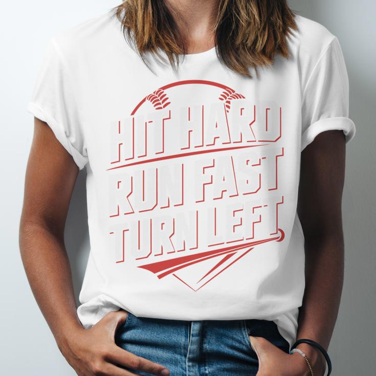 Hit Hard Run Fast Turn Left Baseball Fan Red Graphic Unisex Jersey T-Shirt Hit Hard Run Fast Turn Left Baseball Fan Red Graphic Unisex Jersey T-Shirt