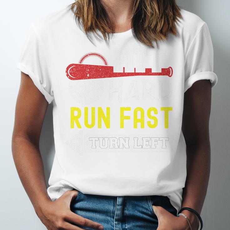 Hit Hard Run Fast Turn Left Baseball Quote Fan Coach Premium Tri-Blend Unisex Jersey T-Shirt