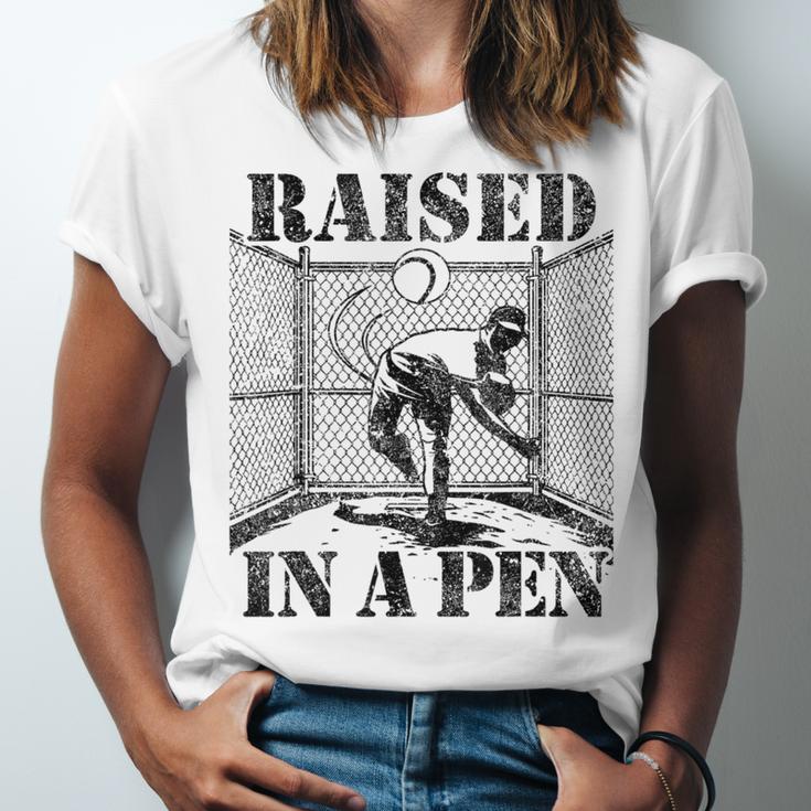 Raised In a Pen Baseball Pitcher Saying Bullpen Unisex Jersey T-Shirt