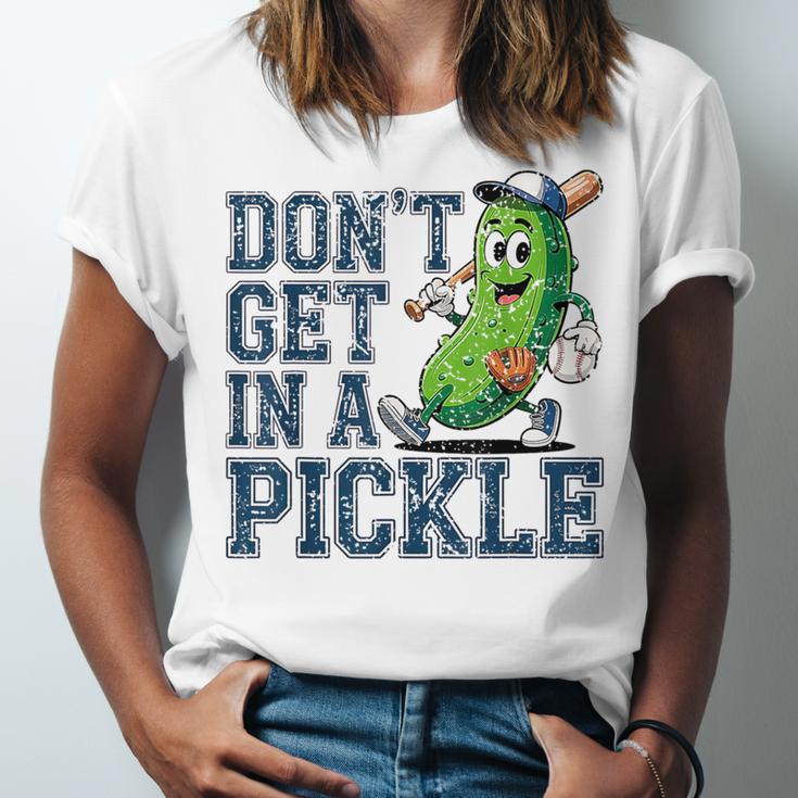 Youth Baseball Catcher Humor Don’t Get In A Pickle Unisex Jersey T-Shirt