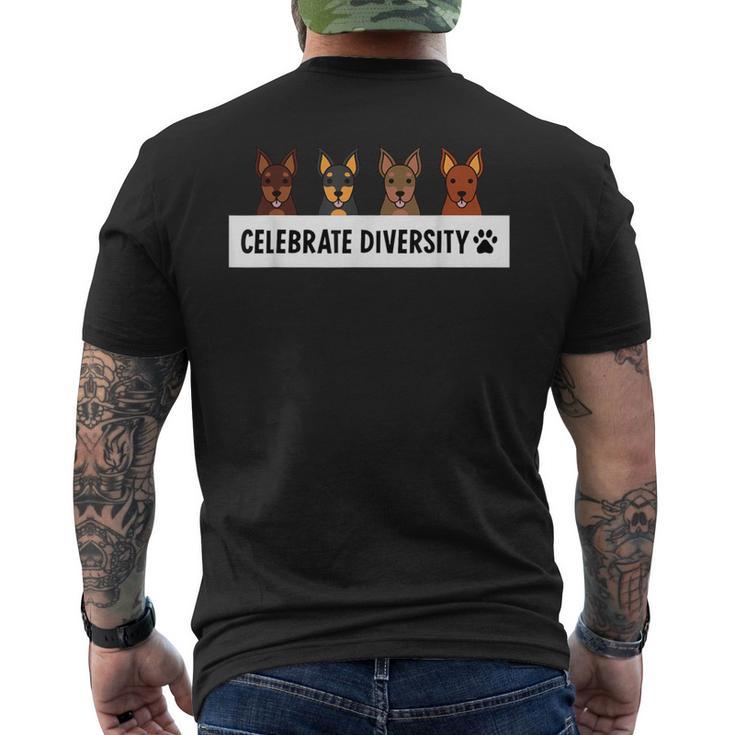 Celebrate Diversity ミニチュアピンシャー犬 メンズTシャツ バックプリント