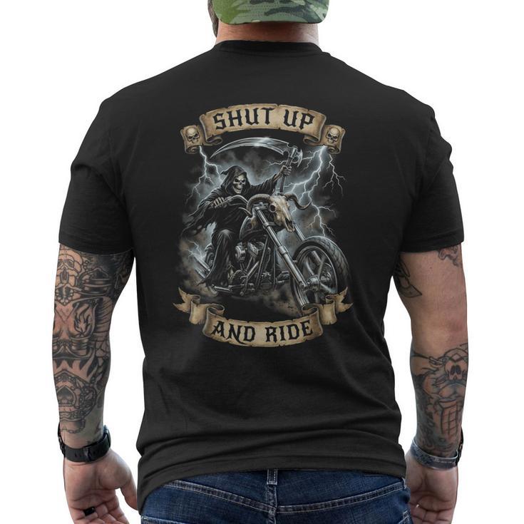 Grim Reaper オートバイ バイカー スケルトン シャット アップ アンド ライド メンズTシャツ バックプリント